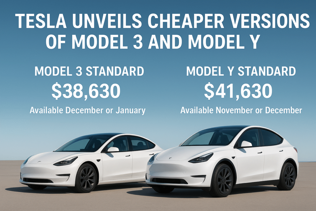 Tesla Model 3 Standard, Tesla Model Y Standard, Tesla affordable EVs, Tesla price cut, Elon Musk Tesla news, electric vehicle market, Tesla Model 3 price, Model Y price, Tesla new model 2025